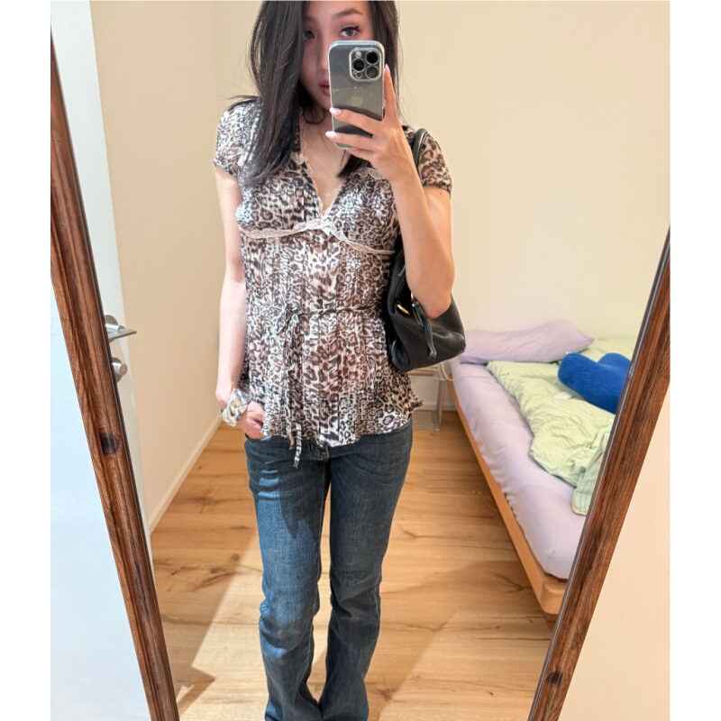 Placeorder Korean Niche Leopard Print Pullover with Contrasting Lace Trim and Tie-Up Waist Slimming Top for Women Summer