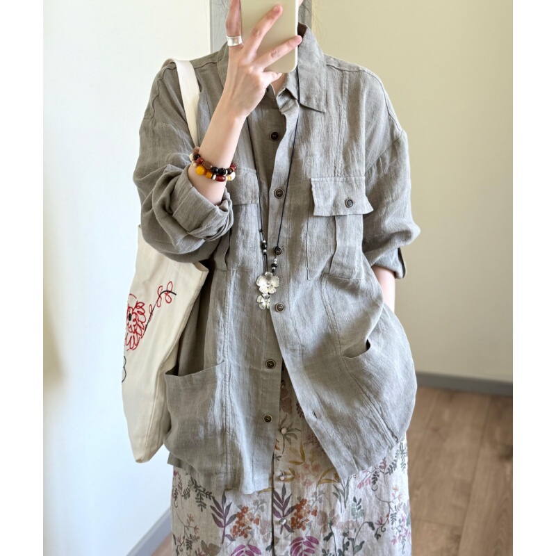 Placeorder Retro Sage Green Lightweight Wrinkled Linen Shirt Women's Early Autumn Multi-Pocket Work Jacket