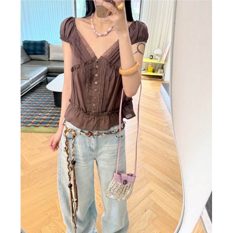 Placeorder Retro Lyocell Lace V-Neck Short-Sleeved Shirt for Women Summer Short Brown Top