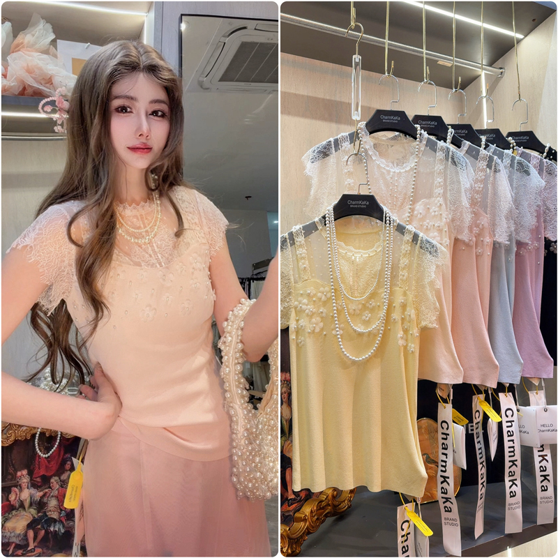 【Peach Fan Cold Fragrance】64925 Lace Patchwork Three-Dimensional Flower Pearl Short Sleeve Top Plus Size for Plus-Size Women