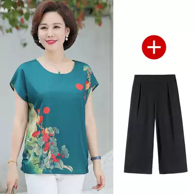 Mother summer silk short sleeve T-shirt 2020 new middle-aged and elderly female foreign style small shirt set middle-aged women's coat