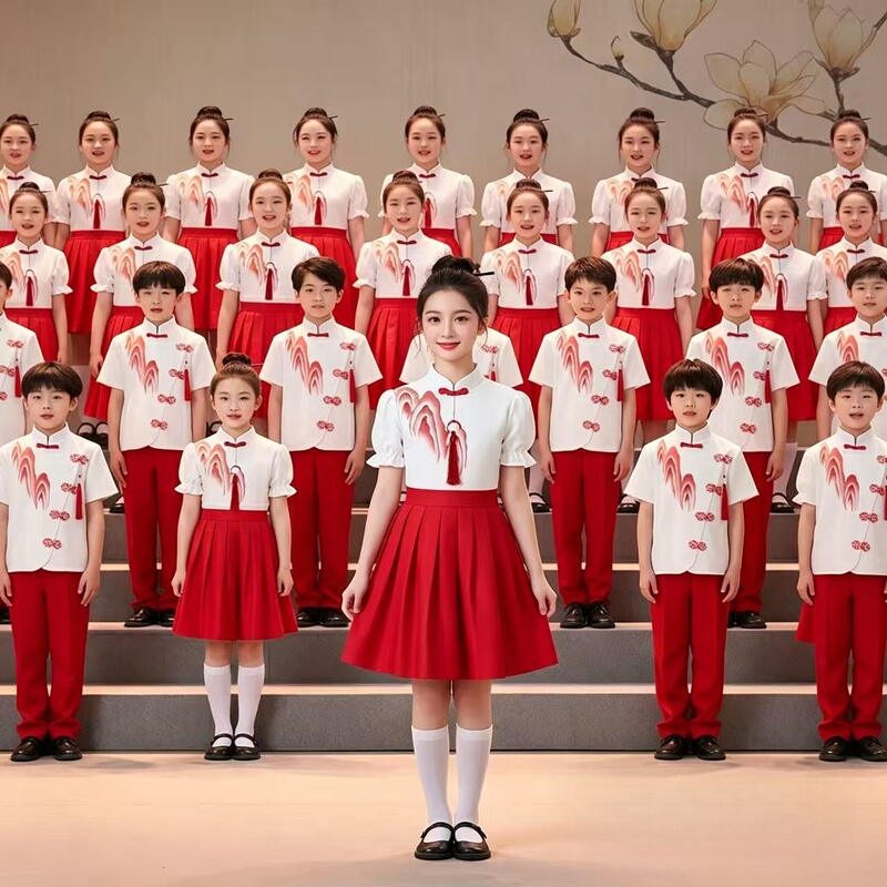 Children's Chorus Costumes, Performance Costumes, Chinese Style Red Chorus Costumes for Junior High School and Primary School Students, Recitation Performance Costumes