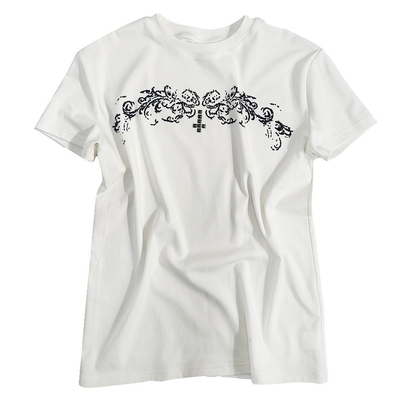 Fromtheisland (Fti) Manuscript Print Rhinestone Rivet Shoulder T-Shirt Punk Subculture Visual Style Short Sleeve