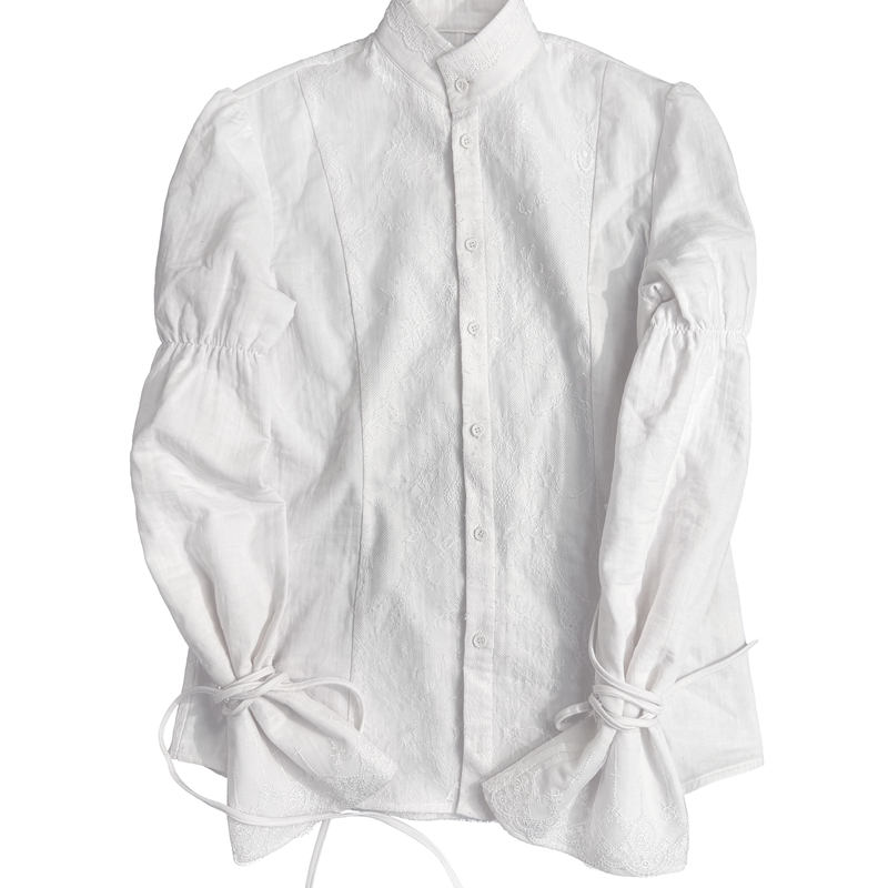 Fromtheisland (Fti) Patchwork Lace Stand-Up Collar Shirt with Tie Sleeves Gothic Medieval Court Shirt