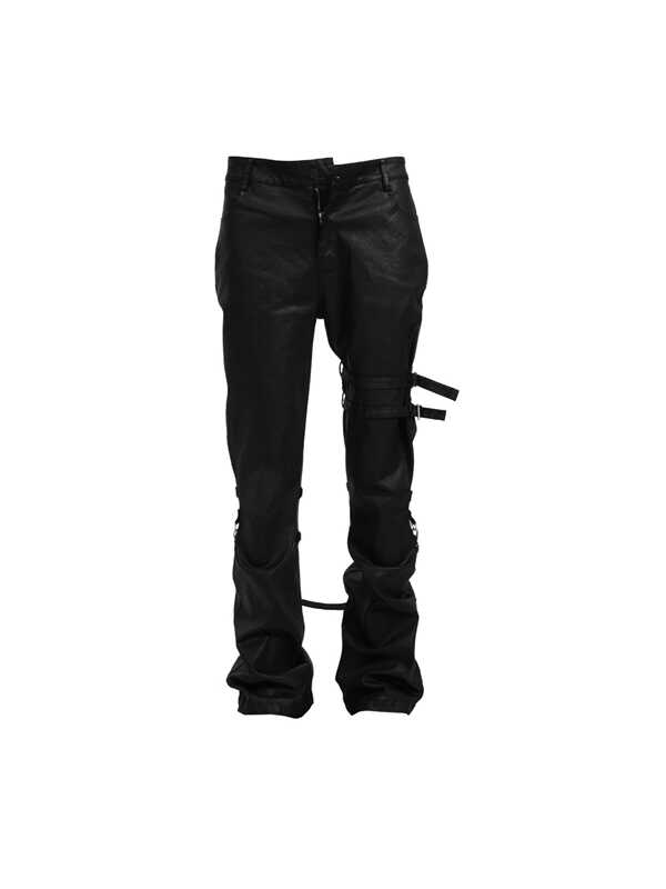 Fromtheisland (Fti) Velcro-Coated Denim Wax Pants with Ribbons, Yagami Micro-Flared Pants, Punk Style Fromtheisland (Fti) Velcro-Coated Denim Wax Pants with Ribbons, Yagami Micro-Flared Pants, Punk Style