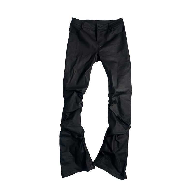 Fromtheisland Visual Style Slim-Fit Pleated Coated Wax Pants with Slight Stretch, Dark Black, Slightly Flared, Stacked Effect Jeans