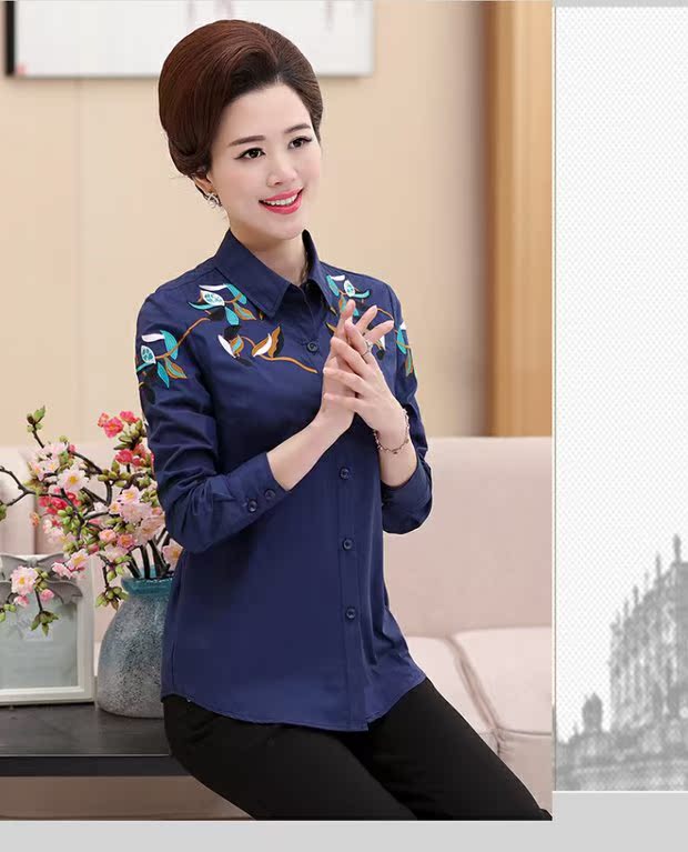 Áo sơ mi nữ trung niên 2019 xuân hè mới áo cotton thêu nữ áo dài tay áo sơ mi mẹ trung niên - Áo sơ mi dài tay sơ mi nữ dài tay đẹp