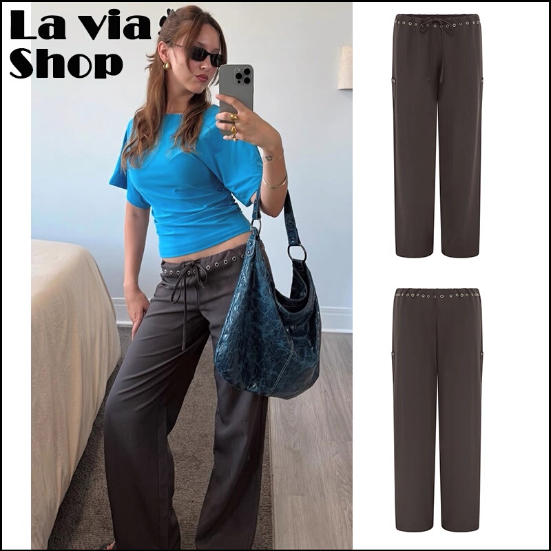 【La Via】Authentic with Jean New Style Loose Wide-Leg Straight Casual Pants with Waist Eyelets and Drawstring