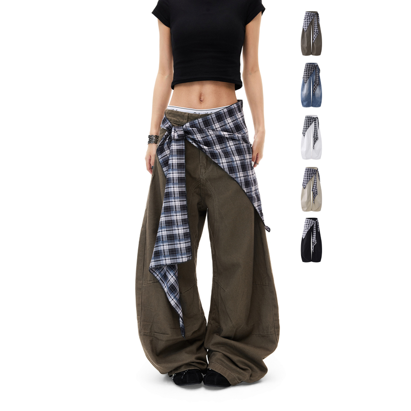 Coldstone American-Style Layered Plaid Detachable Scimitar Pants Loose Drape Casual Floor-Length Trousers