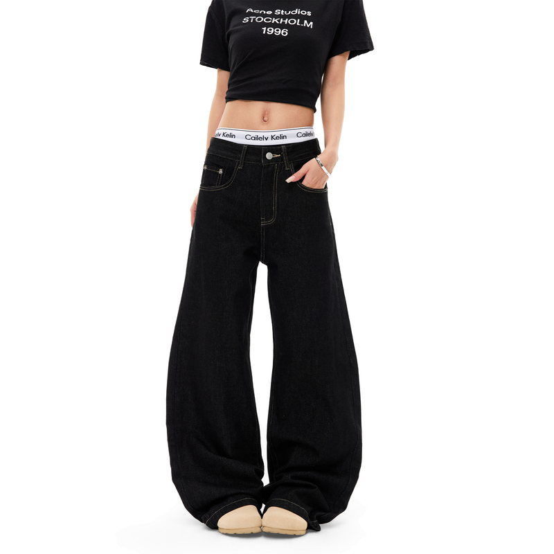 Coldstone American-Style Small Curved Knife Silhouette Deconstructed Raw Denim Black Jeans Floor-Length Baggy Sickle Pants