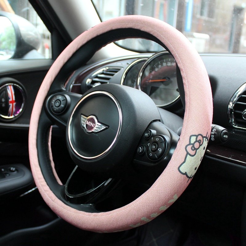 Linen car steering wheel cover cute four seasons universal cartoon handle set female car decoration car interior accessories
