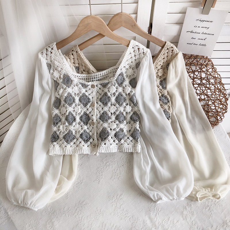 2022 Spring/Summer New Square Neck Hollow Crochet Design Chiffon Lantern Sleeve Loose Short Shirt Top for Women