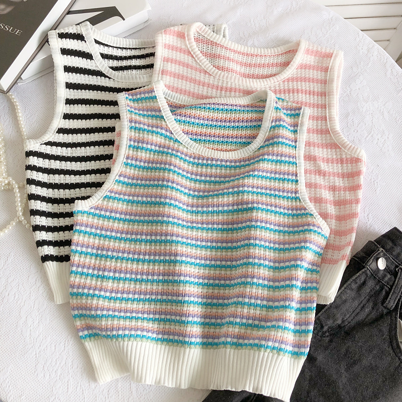 Trendy Design Round Neck Striped Knit Vest Summer Loose Sleeveless Outerwear Camisole Short Top for Women