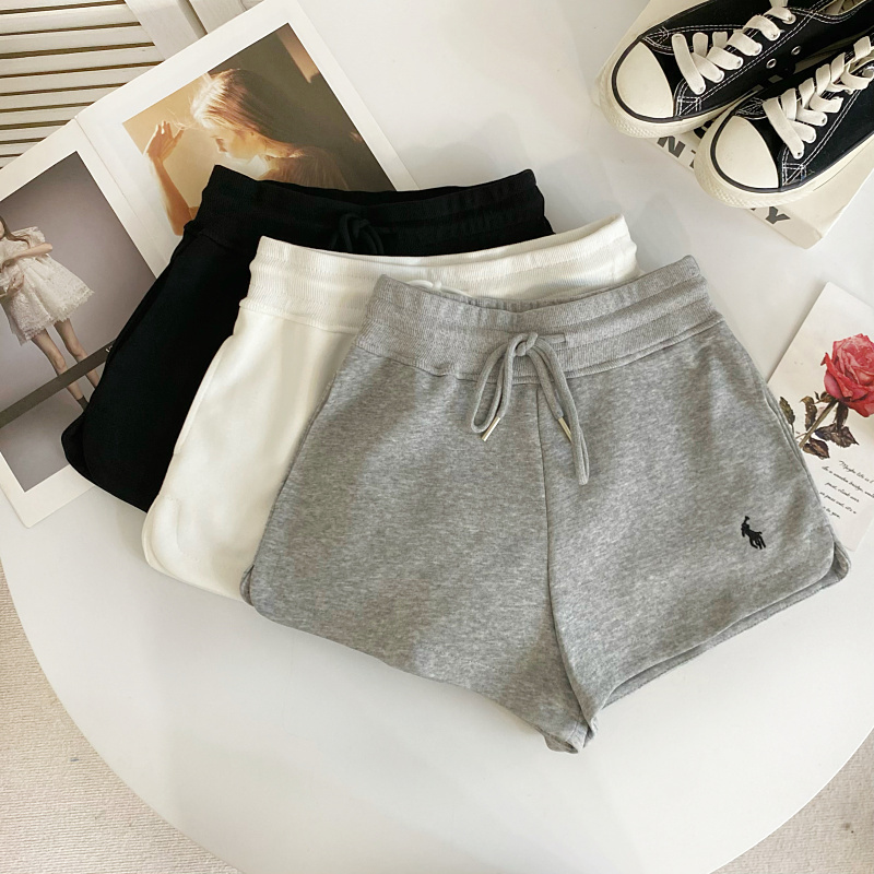 2024 Summer Korean Style New Fashion Versatile Casual Drawstring Embroidered Pony Elastic Waist Wide-Leg Shorts for Women