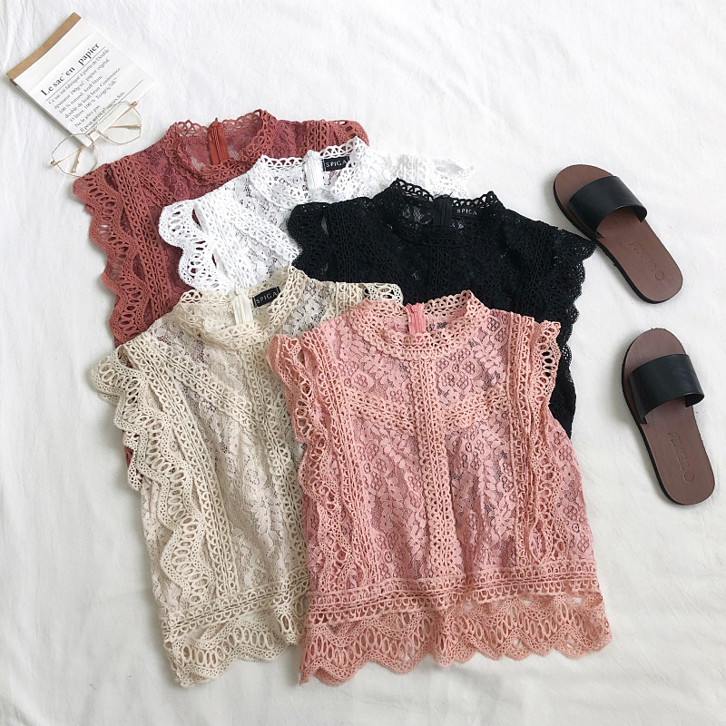 2019 Summer New Style Elegant and Fairy-Like Round Neck Lace Hollow Sleeveless Slim Short Vest Top for Women