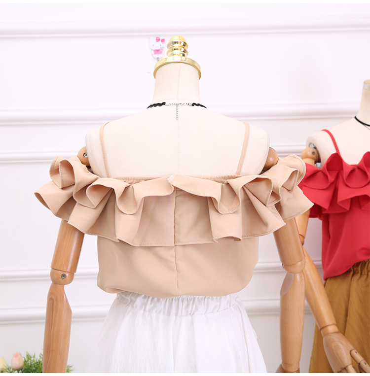 2018 khí mùa hè mỏng dây đeo vai băng tóc xù xếp li vô lý off-the-vai ngắn yếm trong top shop thời trang nữ