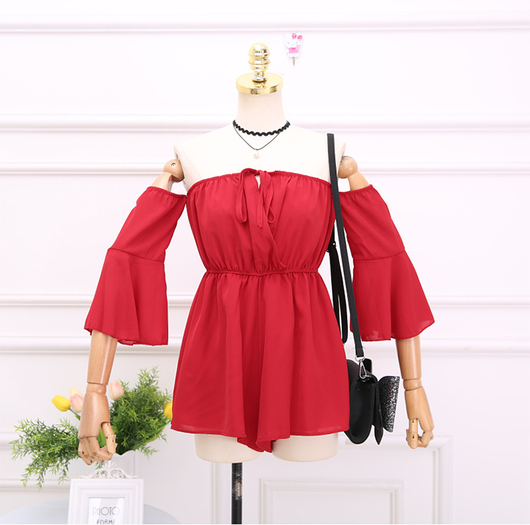 2018 mùa hè mới phong cách kỳ nghỉ màu rắn từ cổ áo quây trumpet tay áo eo tie jumpsuit bãi biển váy quần 	váy ôm eo xòe	
