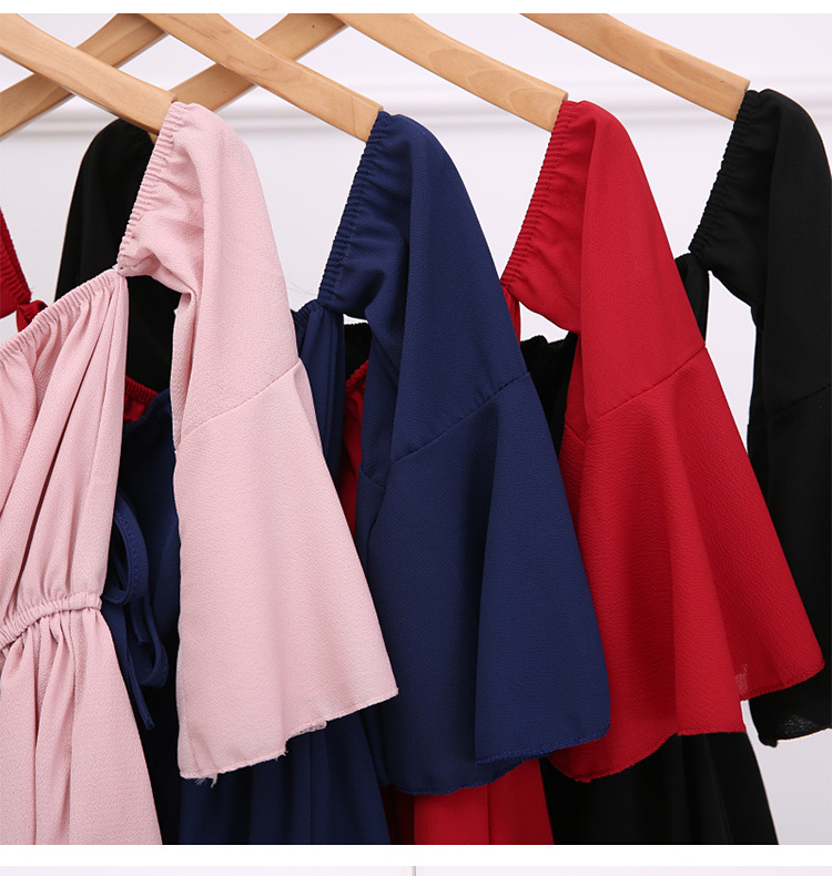 2018 mùa hè mới phong cách kỳ nghỉ màu rắn từ cổ áo quây trumpet tay áo eo tie jumpsuit bãi biển váy quần 	váy ôm eo xòe	