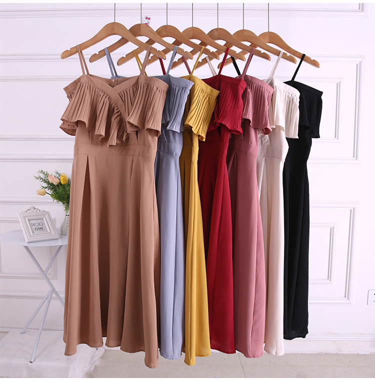 Mùa hè 2018 phiên bản Hàn Quốc của những quý cô khí chất mới xếp li quây từ cổ áo sling trong chiếc áo dài nữ 	váy hạ eo	
