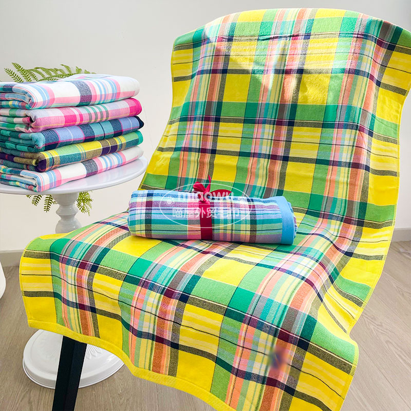 Export Japanese Order Classic Plaid Embroidered Cotton Gauze Bath Towel Couple Style Bath Towel Soft Japanese-Style Towel