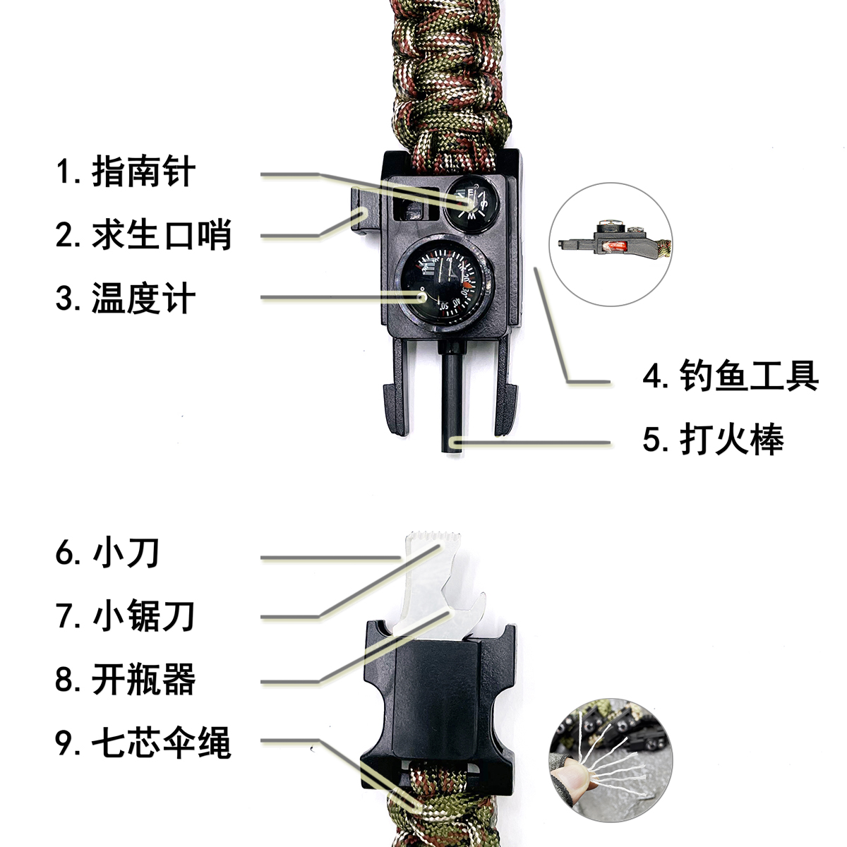 户外生存神器：打火石指南针多功能手环十三合一伞绳野外求生装备大揭秘！