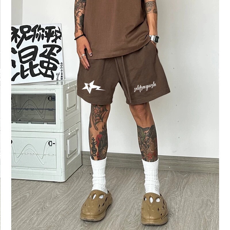 Summer Casual Loose-Fitting Brown Shorts for Men, American Style Trendy Brand with Star and Letter Print, Basketball Sports Shorts