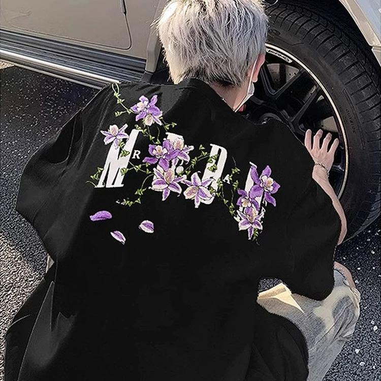 Pure Cotton Heavyweight~ Front and Back Embroidered Vine Floral T-Shirt for Men, Summer Trendy Brand Short-Sleeve American High Street Retro Couple Style