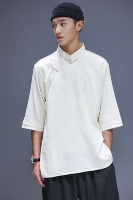 2022 new short-sleeved men's summer Chinese-style tops, ethnic-style shirts, Tibetan and Tang suits, off-white Tibetan clothing