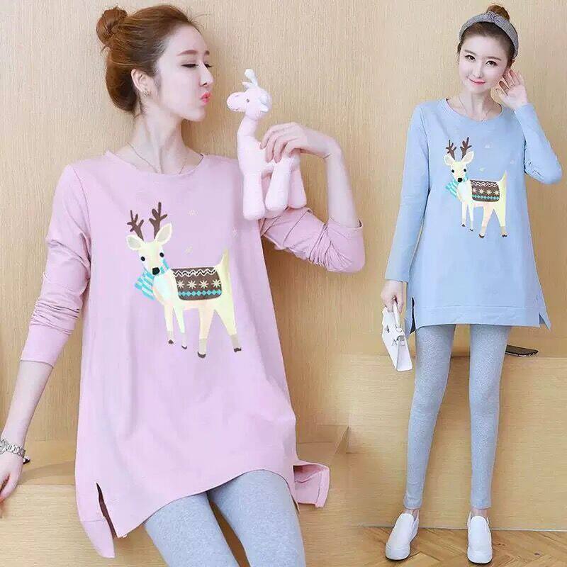 Maternity Spring Wear Set Medium Long Korean Version Maternity T-Shirt Summer Loose Long Sleeve Tops Women Spring and Autumn Two-Piece Set Tide Mom