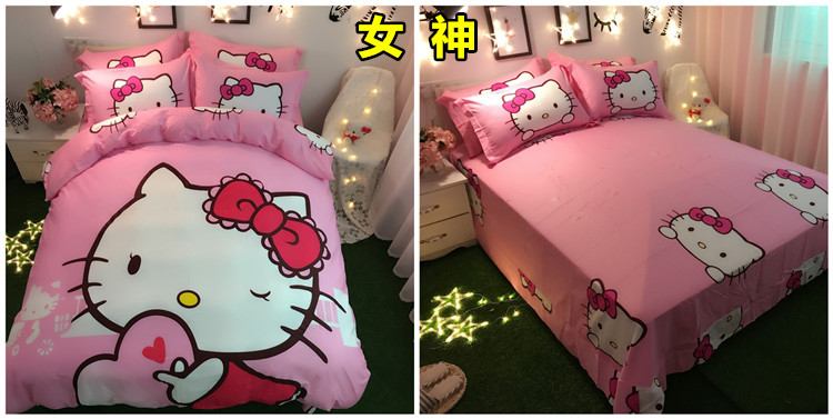 Cotton Hello Kitty bốn mảnh cô gái tim quilt cover sheets cotton phim hoạt hình kt mèo trẻ em giường trampoline ba mảnh