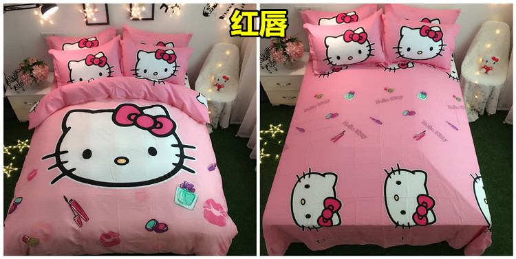 Cotton Hello Kitty bốn mảnh cô gái tim quilt cover sheets cotton phim hoạt hình kt mèo trẻ em giường trampoline ba mảnh