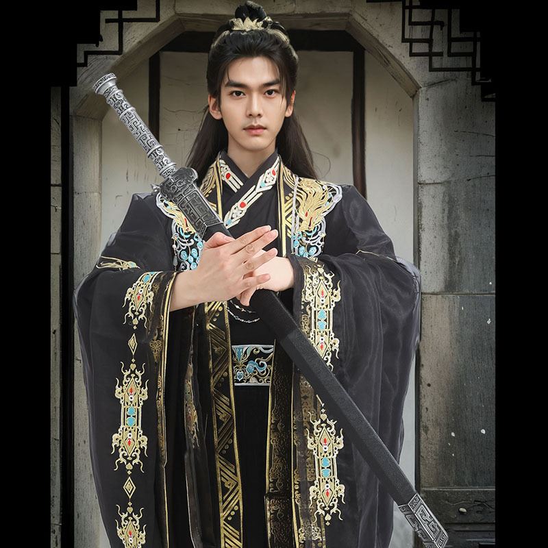 Wei and Jin Style New Han Dynasty Cross-Collar Heavy Industry Embroider Cloud Shoulder Costume Cos Black Spring and Summer Same Style for Men and Women with National Style Wei and Jin Style New Han Dynasty Cross-Collar Heavy Industry Embroider Cloud Shoulder Costume Cos Black Spring and Summer Same Style for Men and Women with National Style