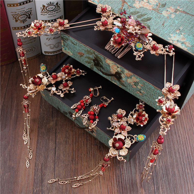 Red Bean Bridal Head Accessories Chinese Crested Crested Wedding Ancient Dress Hair Accessories Suit 2019 New Show And Kimono Accessories