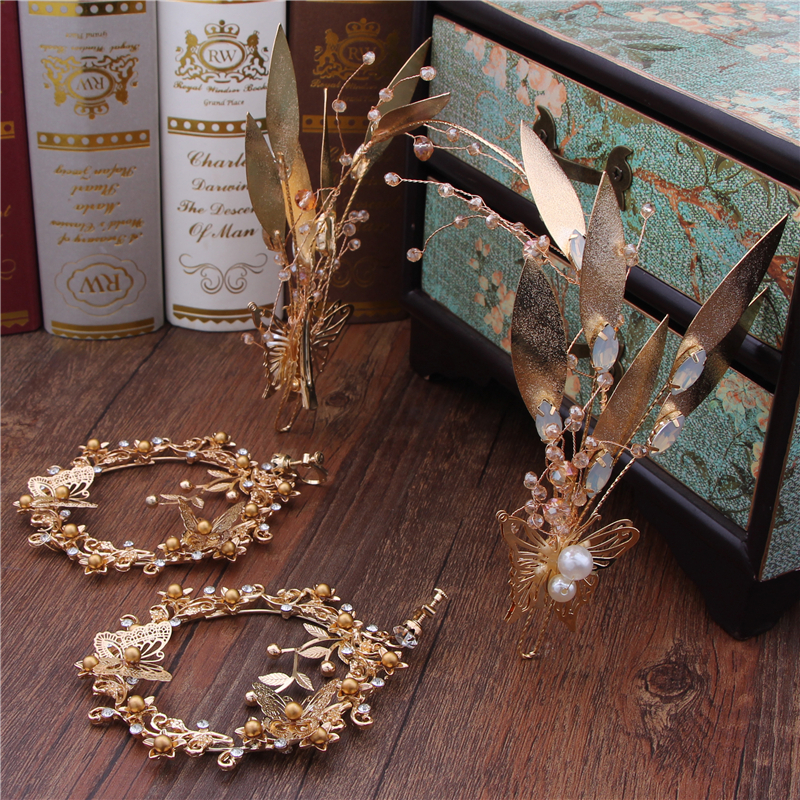 Baroque Gold Leaf Luxury Big Crown Bridal Vintage style Wedding Earrings Set Wedding Headdress Accessories