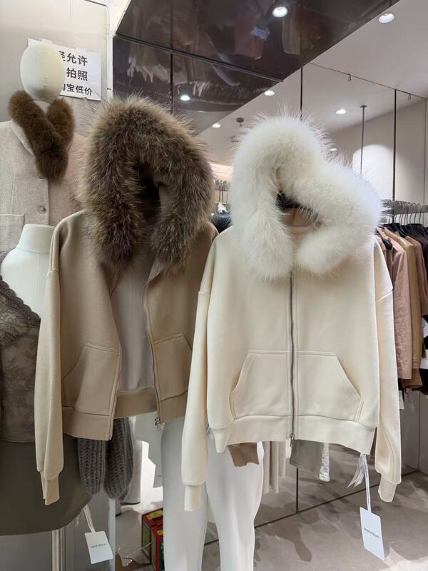 Sensefeeling2026 New Autumn Style Hooded Fleece Sweatshirt Jacket with Large Fixed Non-Detachable Fur Collar