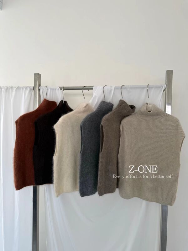 Z-One Korean-Style Half-High Collar Sleeveless Knitted Vest, Autumn Loose Soft Mohair Vest, Layered Slimming Top Z-One Korean-Style Half-High Collar Sleeveless Knitted Vest, Autumn Loose Soft Mohair Vest, Layered Slimming Top