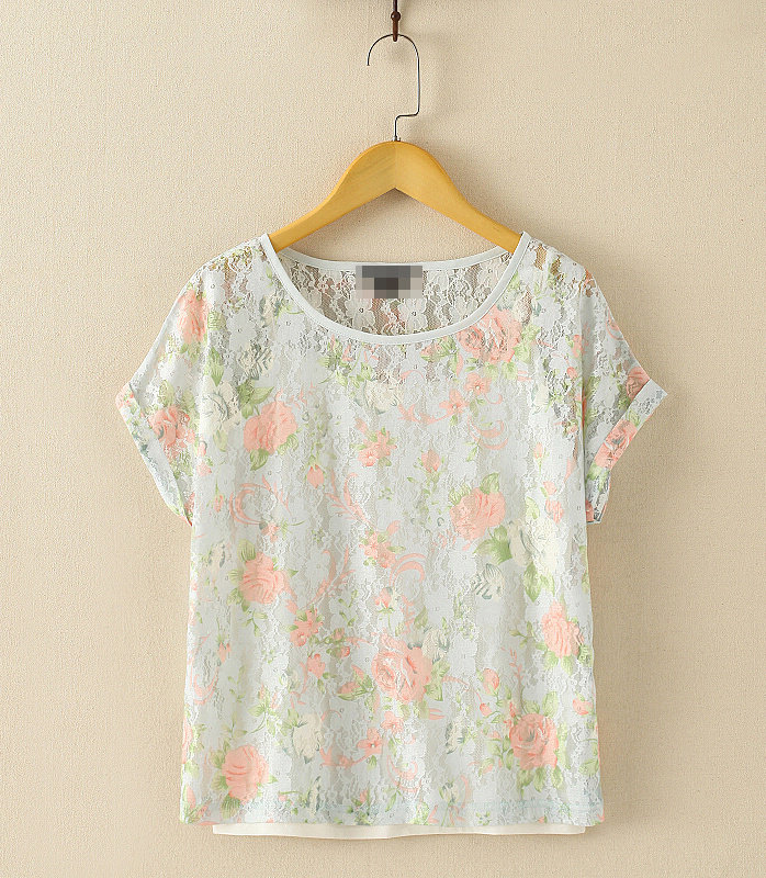 Domestic Single Pastoral Lady Ladies Summer Lace Beautiful Print Two Piece Top 150G