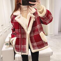 Sandro Moscoloni Plaid Wool Coat Womens Korean Style Lamb Wool Small Wool Coat