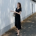 Mùa hè năm 2020 của phụ nữ mới Phong cách Hepburn eo dài váy đen Áo dài tay ngắn cổ chữ V cho phụ nữ - Váy dài