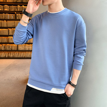 Tide brand 2021 spring and autumn fake two mens long sleeve t-shirt round neck solid color Korean trend loose sweater base shirt