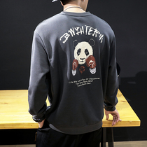 Tide brand panda print round neck pullover clothes men autumn and winter plus velvet thick loose large size long sleeve plus size shirt