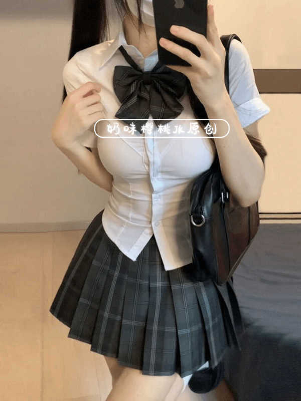 Hot Girl Jk Uniform Waist-Cinching Shirt Top Short-Sleeved Original School Design Bow Tie Set Three-Piece Set Hot Girl Jk Uniform Waist-Cinching Shirt Top Short-Sleeved Original School Design Bow Tie Set Three-Piece Set
