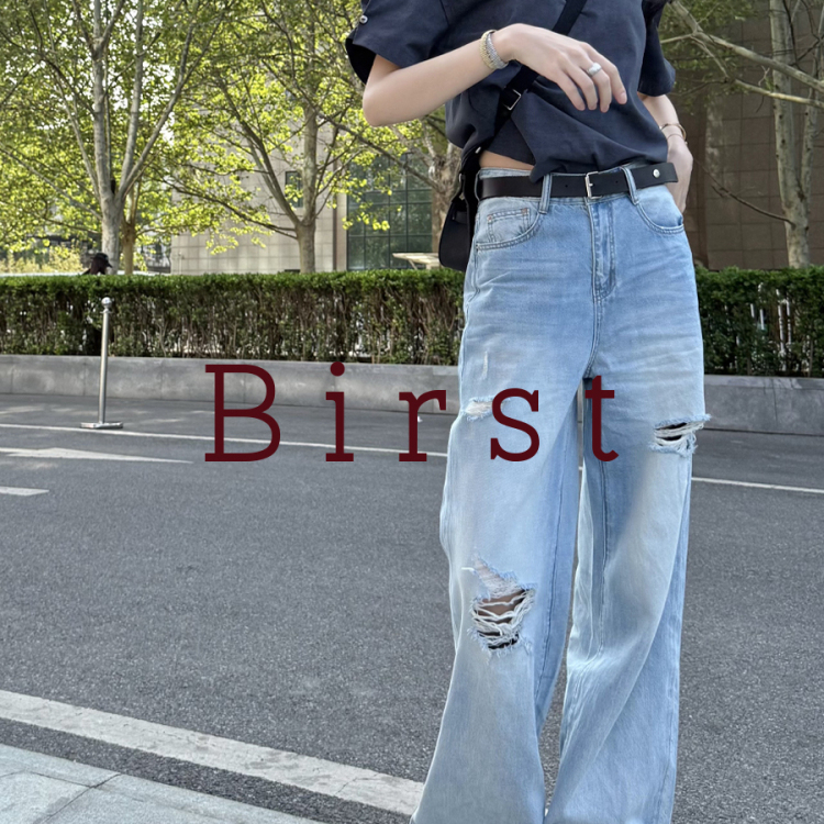 Birst/100% Cotton Handmade Ripped Irregular Distressed Casual Fashionable Mid-Rise Straight-Leg Jeans