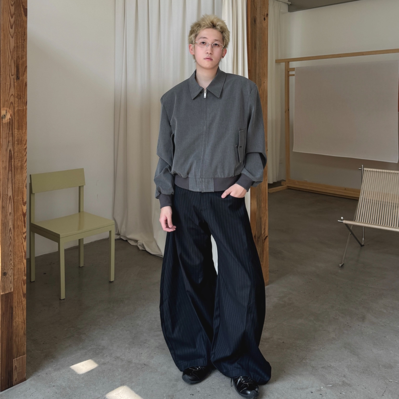 Ambulance [Striped Scimitar-Cut Trousers] A-Line Silhouette Fine Striped Suit Casual Pants with a High-End Feel and Floor-Length Design