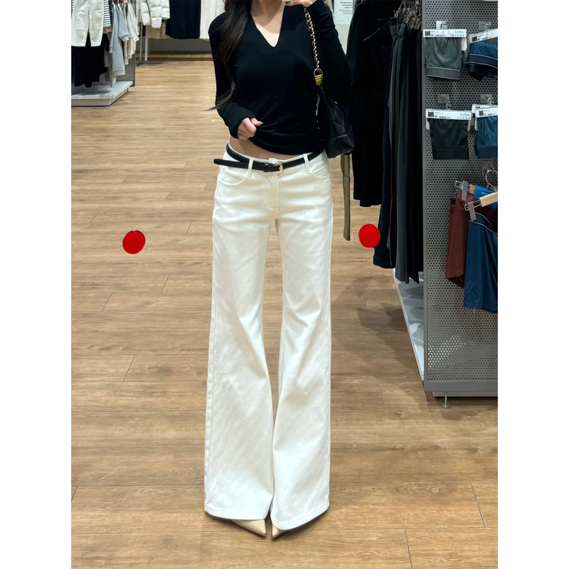 180cm Tall, 175cm Extended Length, American-Style White Low-Waist Flared Jeans for Women, Loose Fit, Not Tight on the Legs, Bell-Bottom Pants