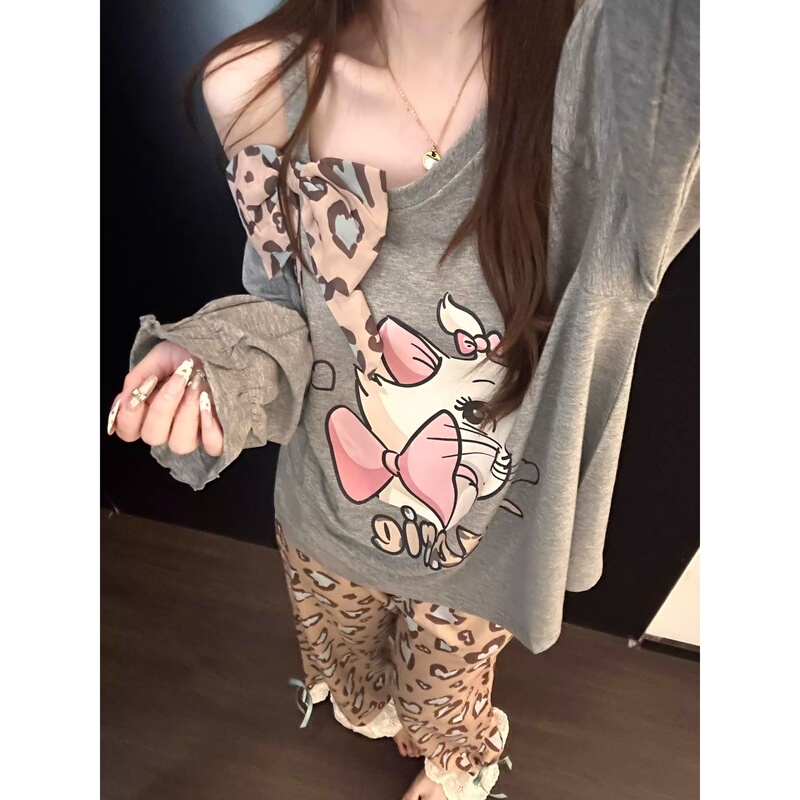 Japan Gp&Jp Cute Mary Cat Off-Shoulder Long Sleeve Pajamas for Women Spring and Autumn Leopard Print Long Pants Homewear Set