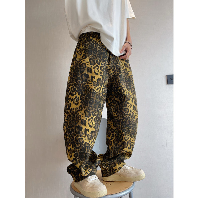 Dannyandzee spring retro versatile brown ginger twill canvas leopard print scimitar pants overalls
