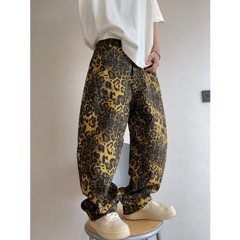 Dannyandzee Spring Vintage Versatile Coffee-Colored Ginger Twill Canvas Leopard Print Scimitar Pants Cargo Pants