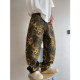 Dannyandzee spring retro versatile brown ginger twill canvas leopard print scimitar pants overalls