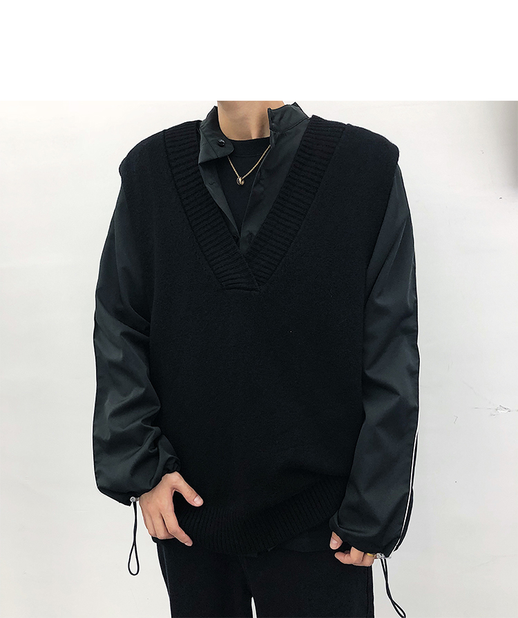 Danielandzee 18 mùa thu retro đen trắng xám ba màu cổ chữ V rộng rãi đan len vest nam đồ vest nam